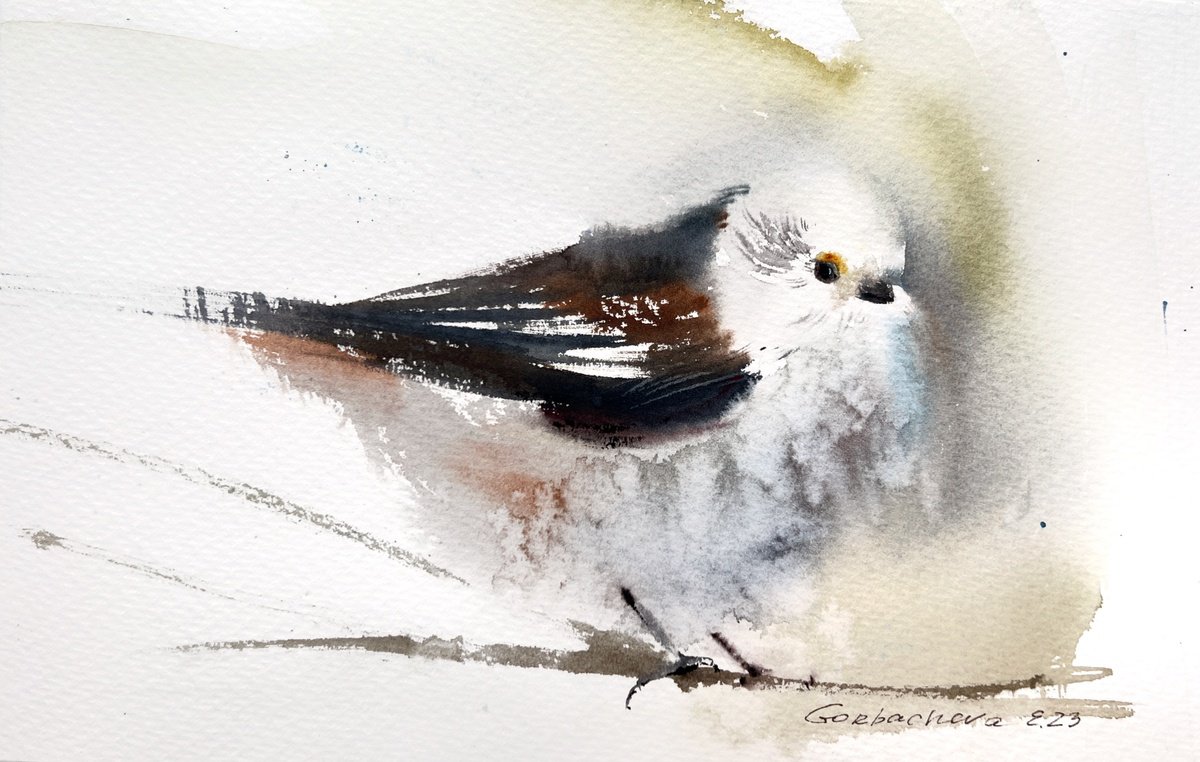 Impressionistic Animal Watercolour By Eugenia Gorbacheva, 11 X 7, Bird On A Branch #2, Original Artwork