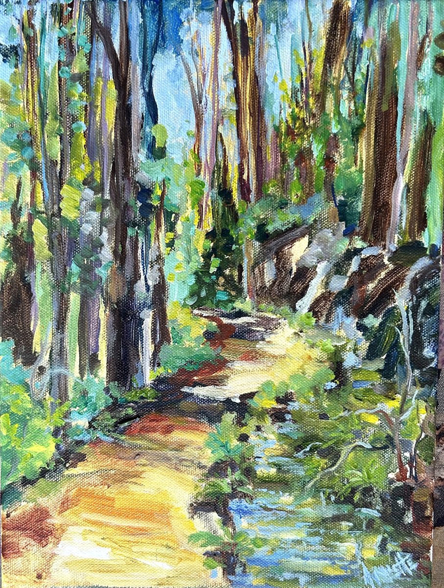 Impressionistic Landscape Acrylic Painting By Annette Wolters, 9 X 12, Cascade Ditch Trail, Original Artwork