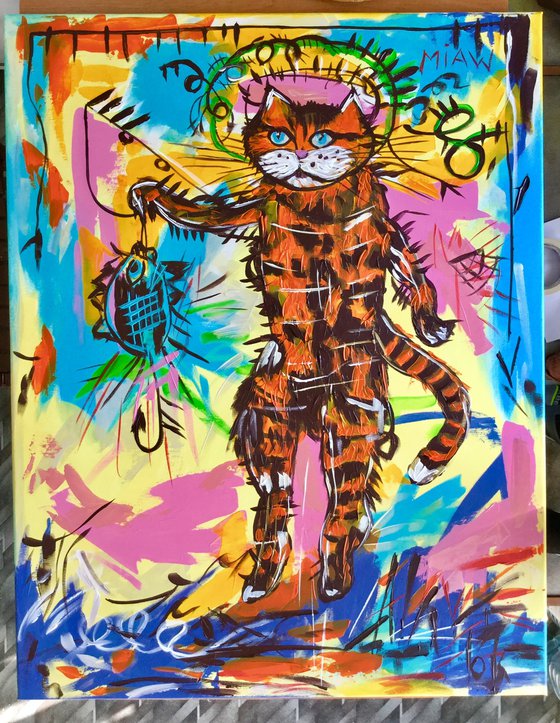 Fishing cat, a version of famous painting by Jean-Michel Basquiat