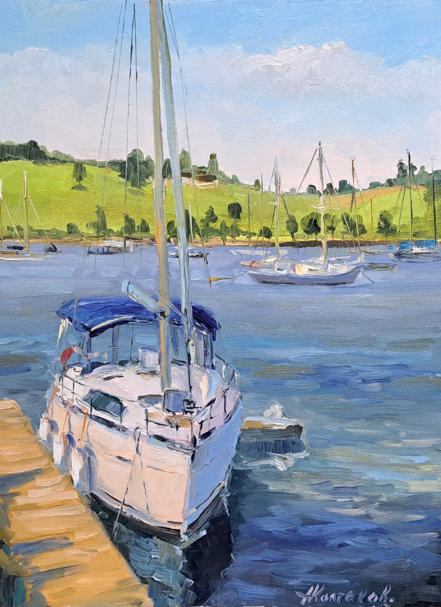 Impressionistic Landscape Oil Painting By Alexander Koltakov, 12 X 16, White Boat, Plein Air, Original Artwork