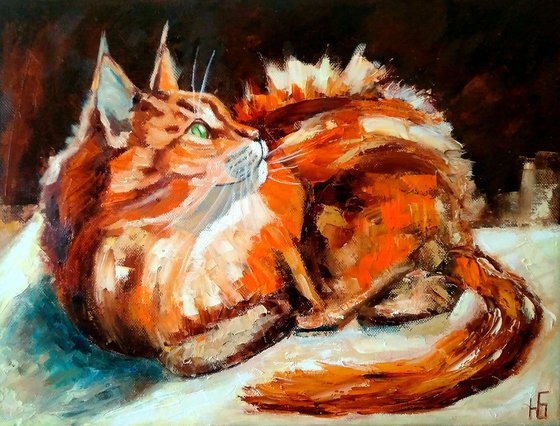Ginger, Cat Oil Painting Maine Coon Original Art Pet Artwork 40x30 cm, ready to hang.