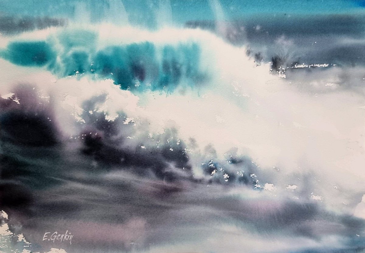 Impressionistic Landscape Watercolour By Elena Genkin, 15 X 11, The Wave #17, Original Artwork