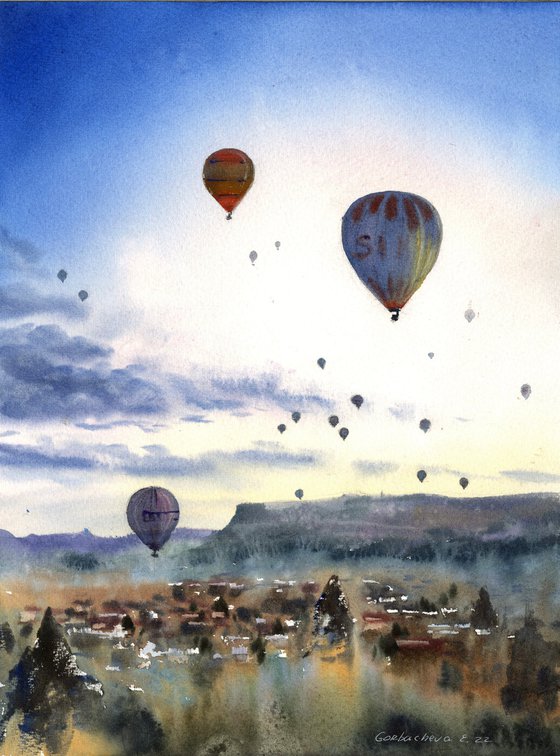 Hot air balloons in the sky over the city  Cappadocia