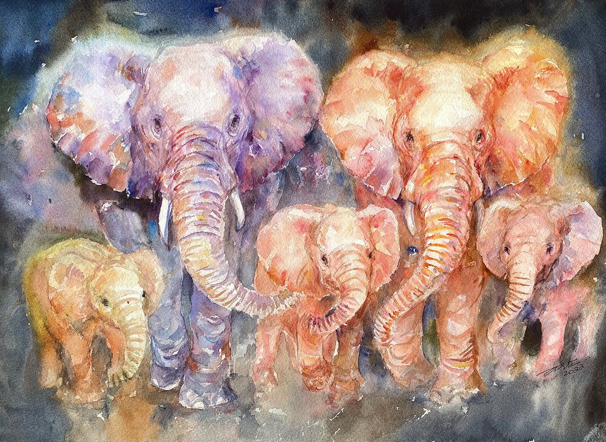 Impressionistic Animal Watercolour By Arti Chauhan, 14 X 10, Elephants_ Family Of Five, Original Artwork