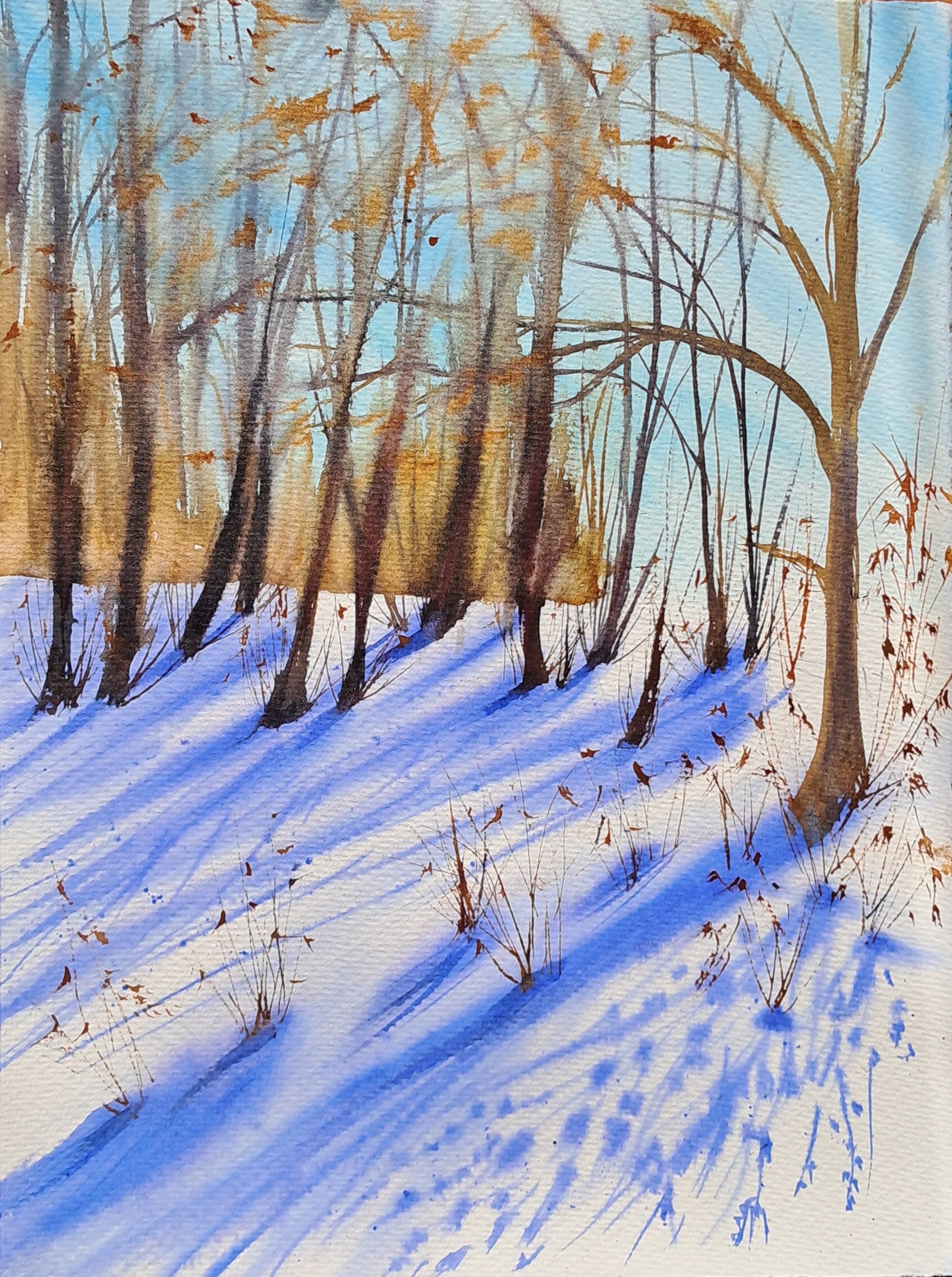 Impressionistic Watercolour , Blue Shadow In The Snow By Yuliia Sharapova, 11 X 15, Artwork For Sale On Artfinder