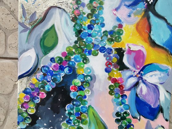 Emerald and blue flowers painting with hummingbird