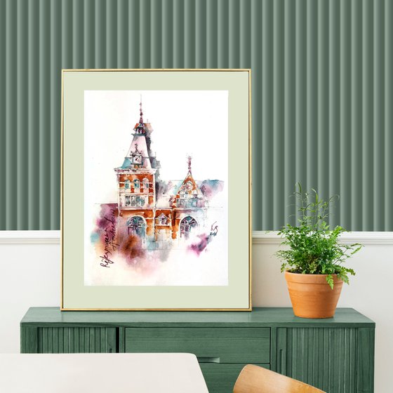 "Rijksmuseum Building. Amsterdam Netherlands" architectural landscape - Original watercolor painting