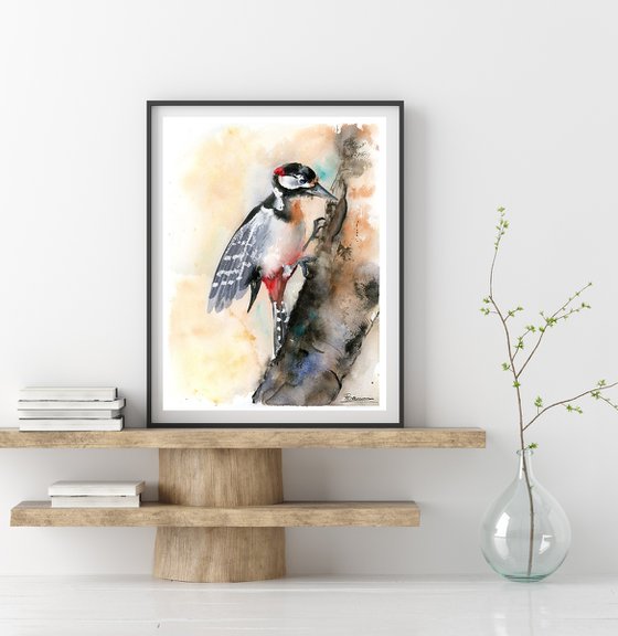 Woodpecker  -  Original Watercolor Painting by Olga Shefranov