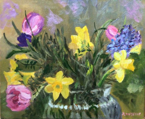 Spring flowers in a glass vase, Oil painting.