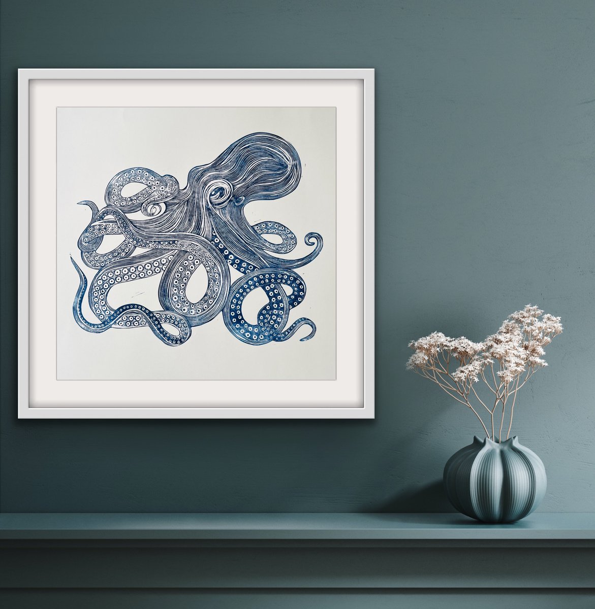 Blue Octopus Linocut by Amy Cundall