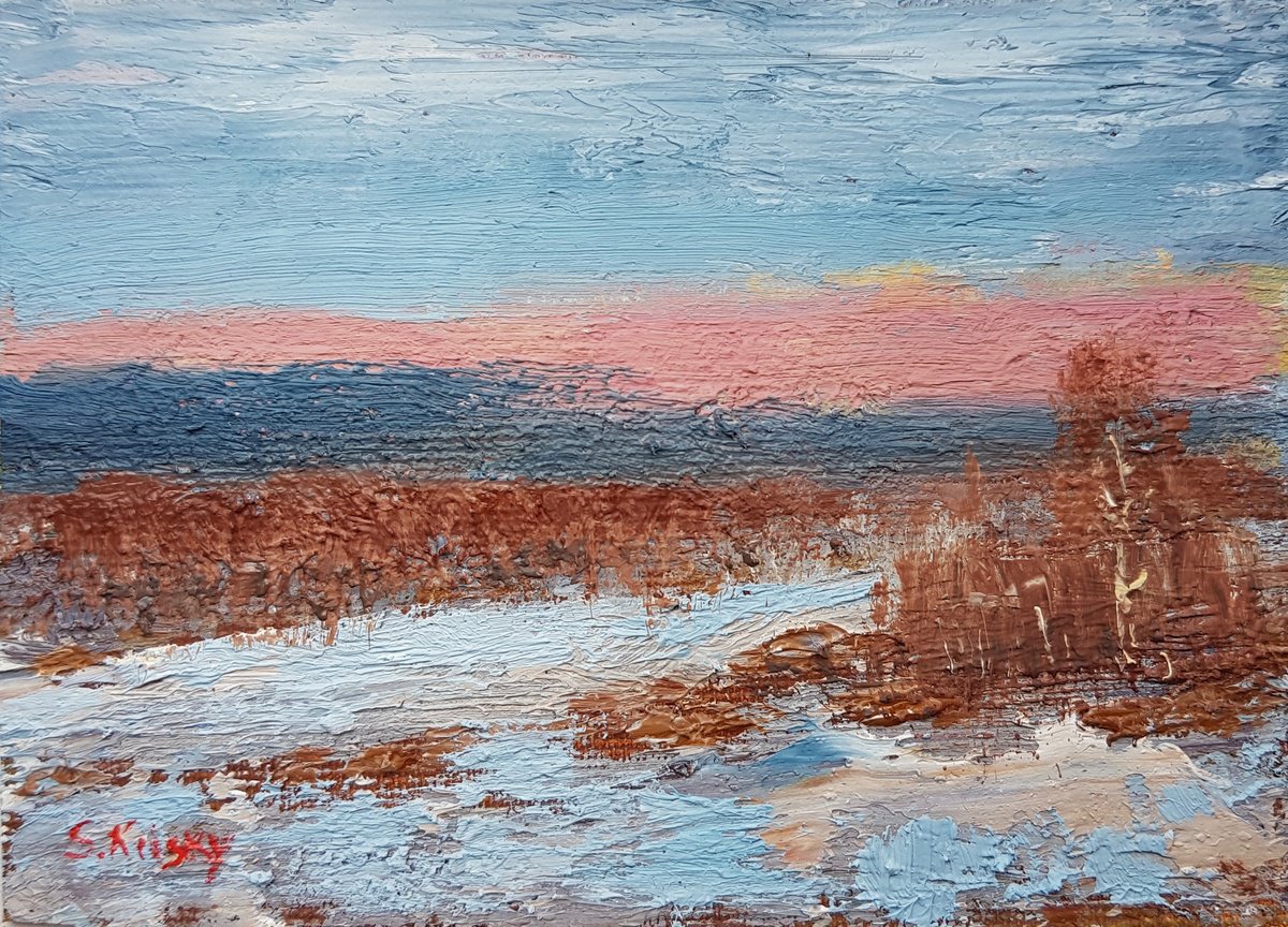 Expressive Landscape Oil Painting By Svetlana Grishkovec-Kiisky, 5 X 4", Series "First Snow", Original Artwork