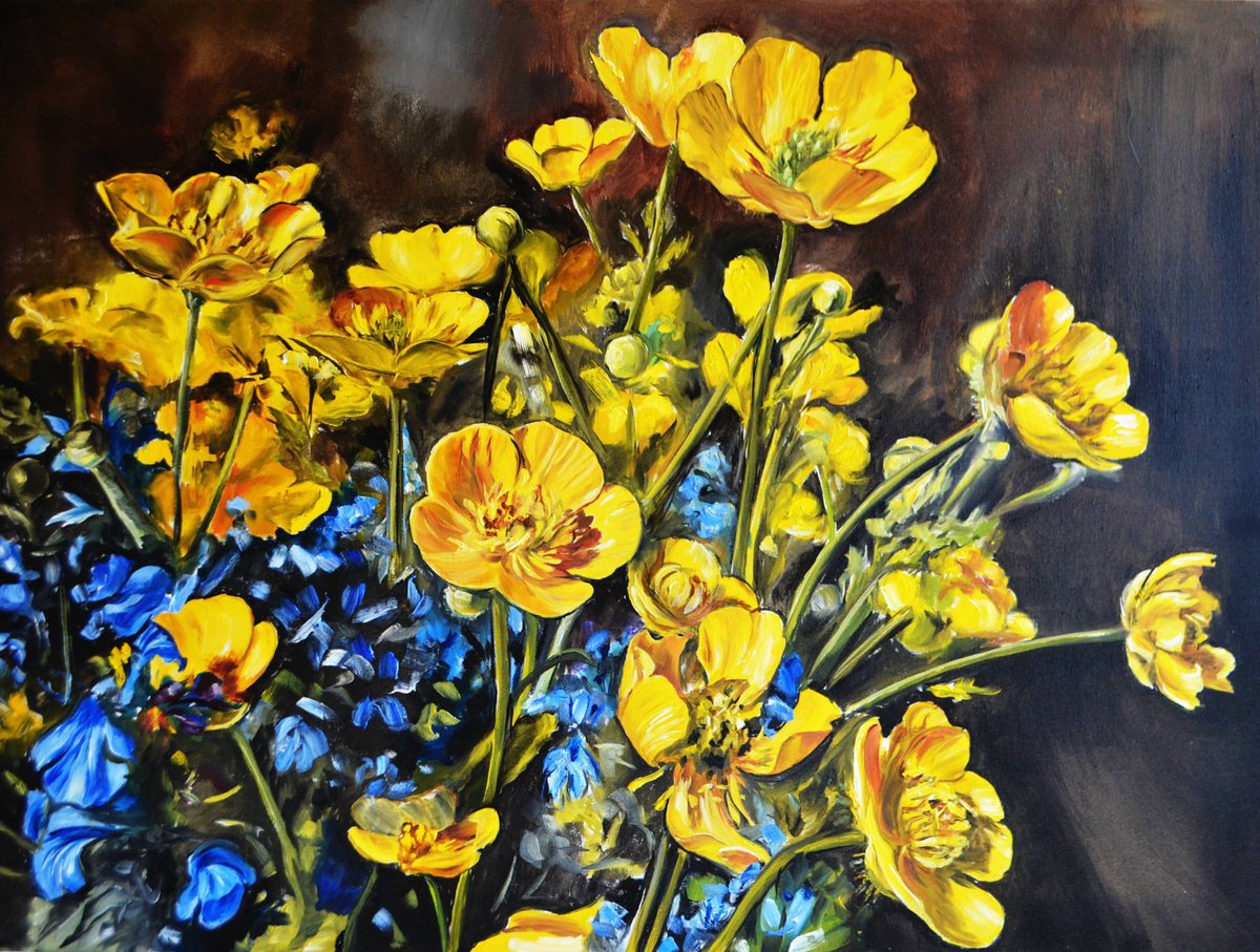 Botanical Oil Painting By Valeriia Radziievska, 31 X 24", Buttercup Flowers, Original Artwork