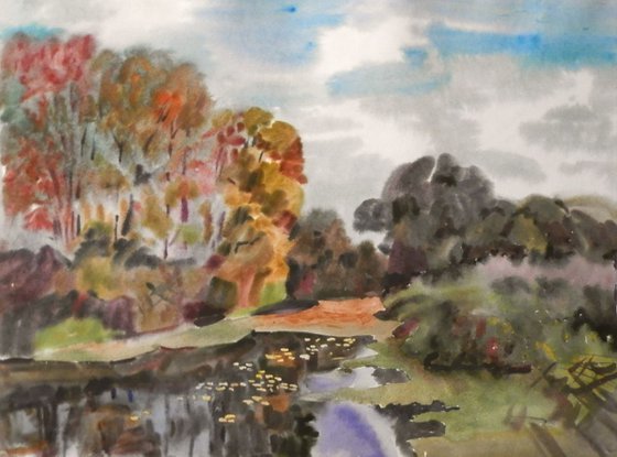 Trees on the river, large watercolor 98x68 cm