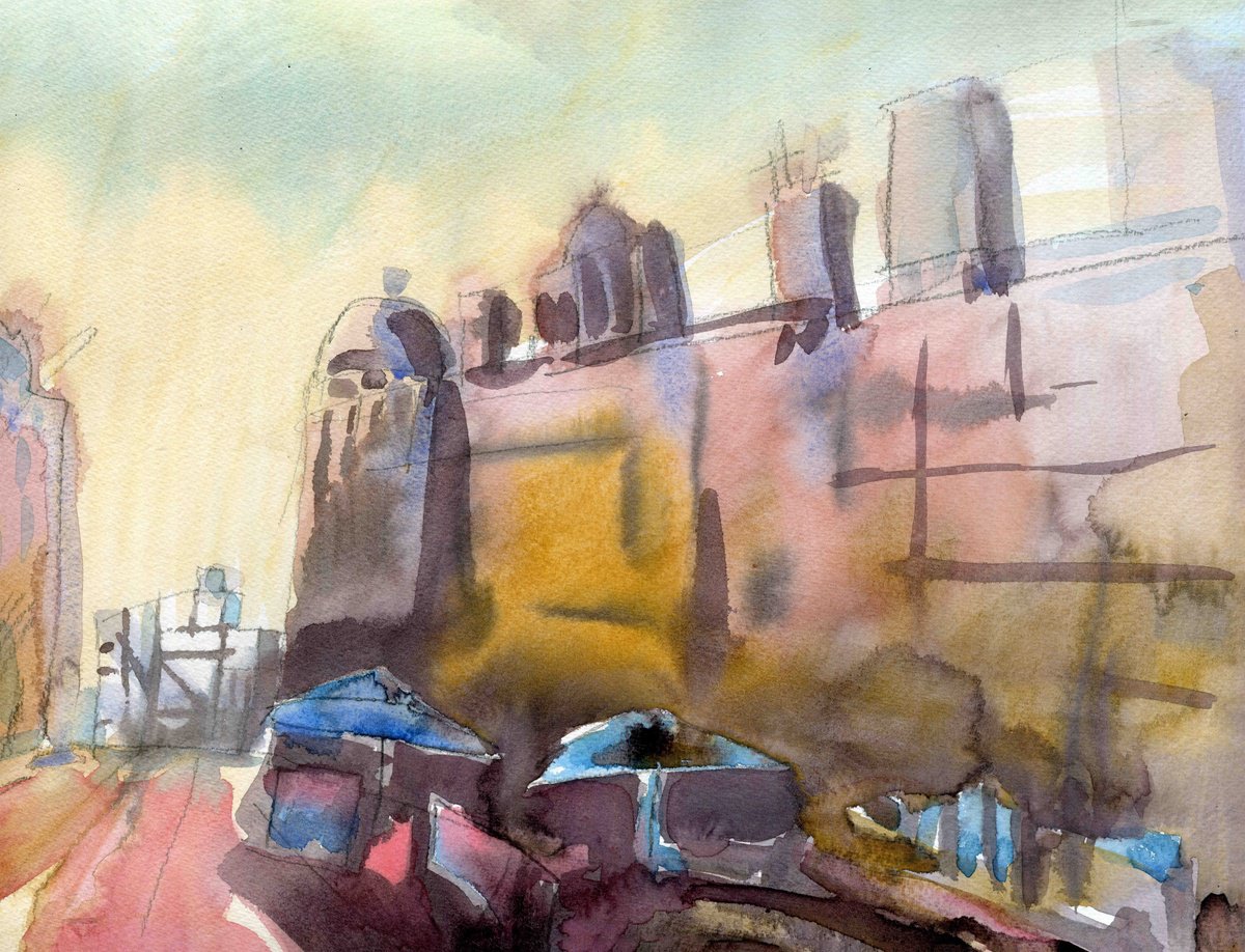 Abstract Cityscapes Watercolour By Elizabeth Anne Fox, 17 X 12, Blue Umbrellas, Manchester, Original Artwork