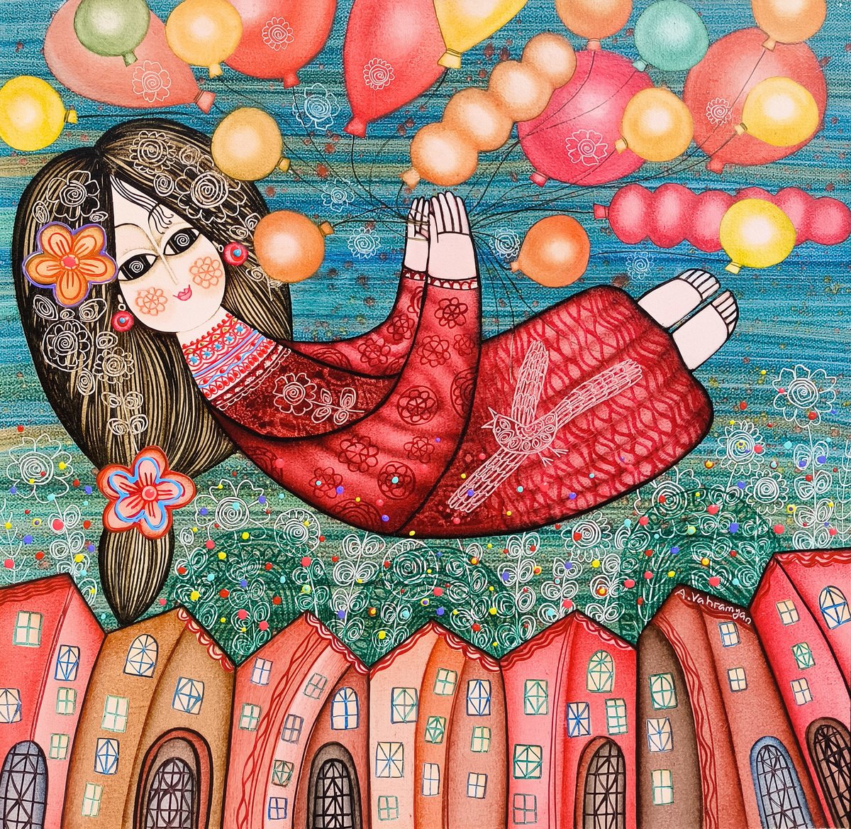 Naive Portrait Oil Painting By Armen Vahramyan, 20 X 20, Balloon Journey, Original Artwork