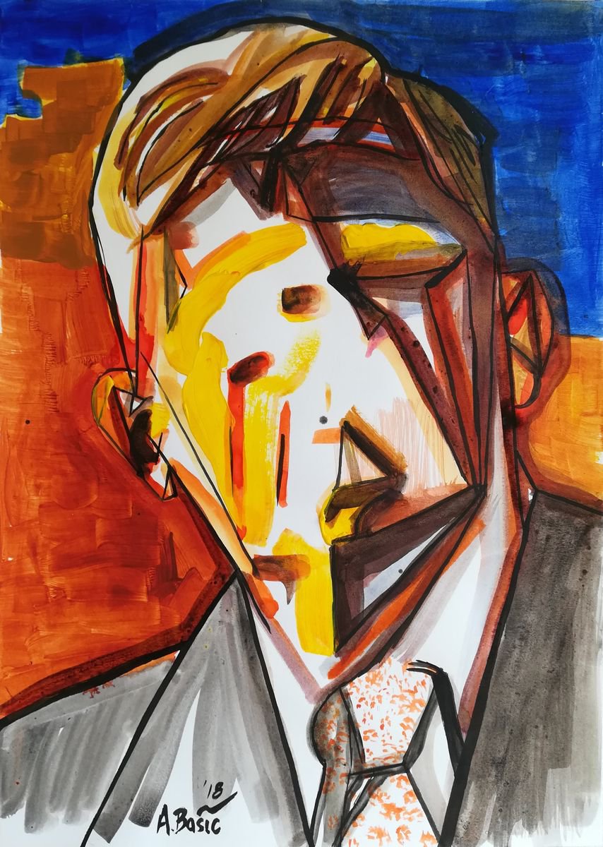 Geometric Portrait Painting By Aleksandar Basic, 12 X 17, Oskar Kokoschka, Original Artwork