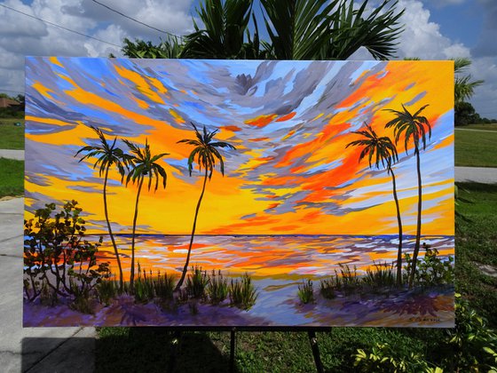 OCEAN SUNSET. Contemporary Florida Sunset Painting in Bold Orange, Purple, Yellow Colors