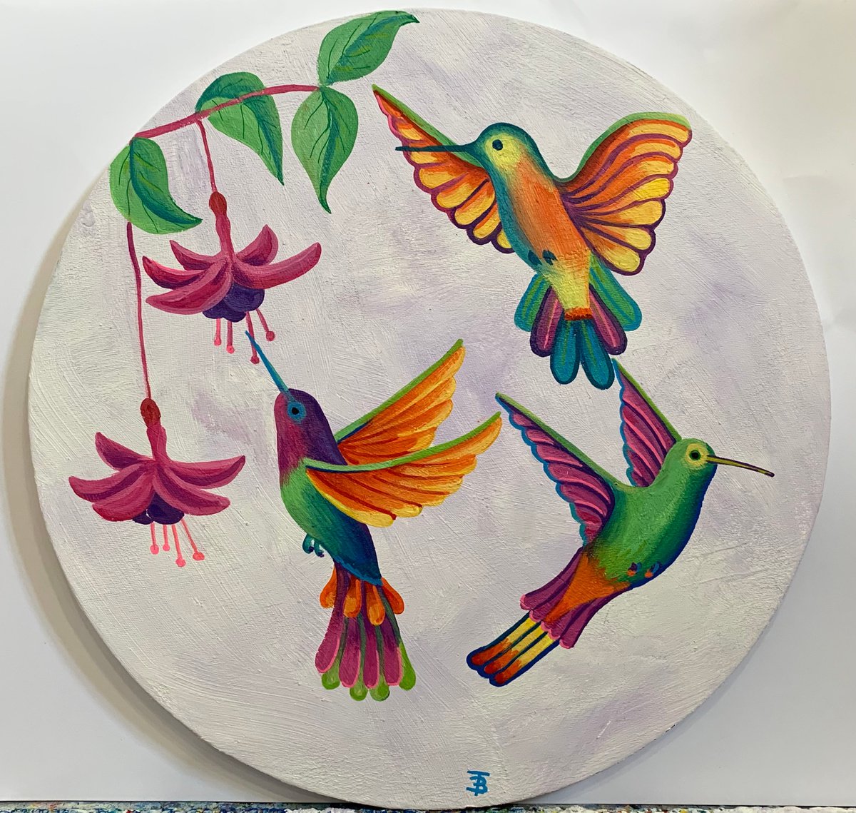 Illustrative Animal Acrylic Painting By Tiffany Budd, 16 X 16", The Three Hummingbirds, Original Artwork