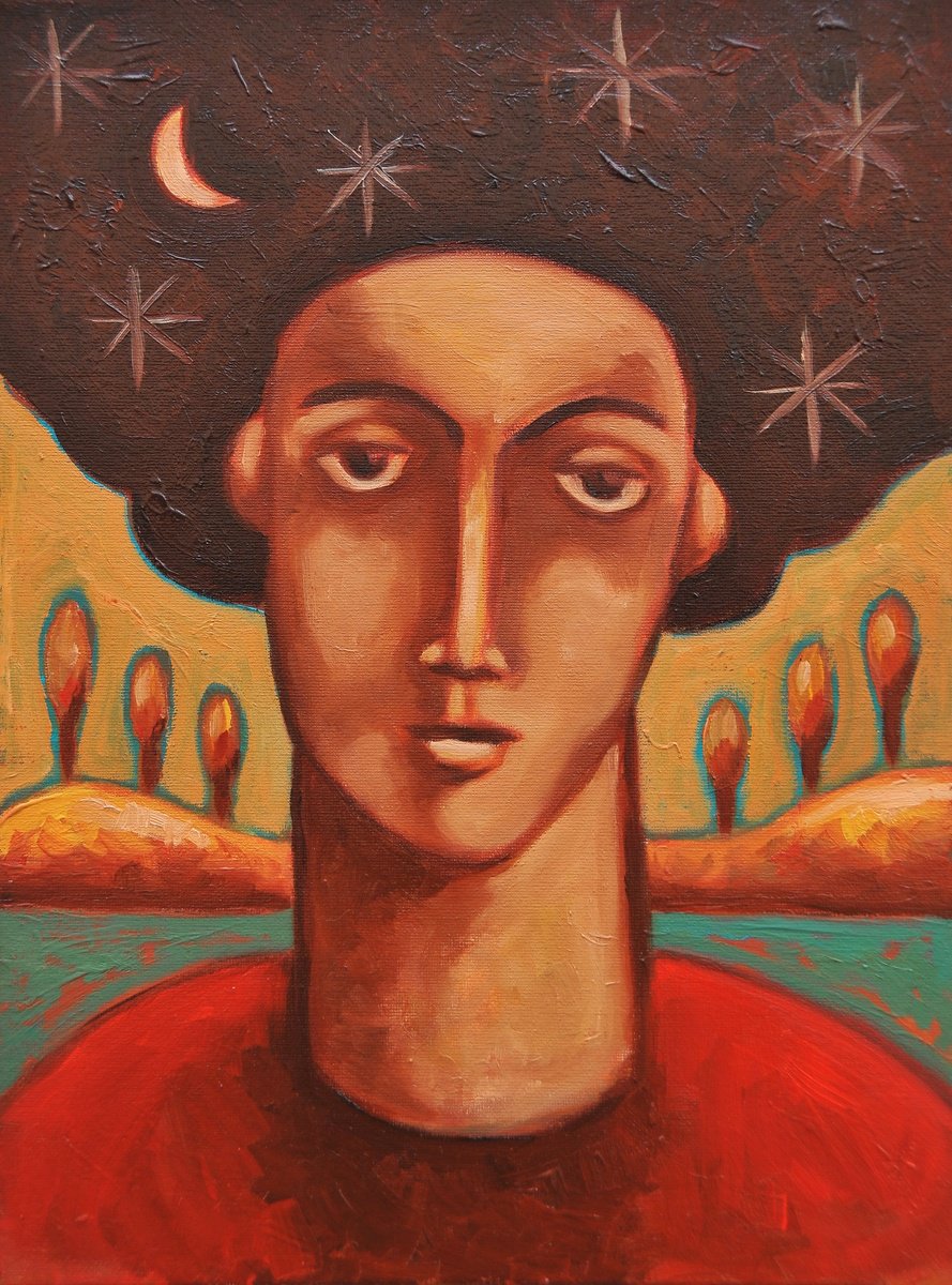 Surrealistic Portrait Oil Painting By Malasits Zsolt, 14 X 18", Messages From The Future, Original Artwork