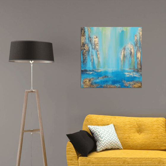 A large modern structured semi-abstract mixed-media painting "Waterfall"