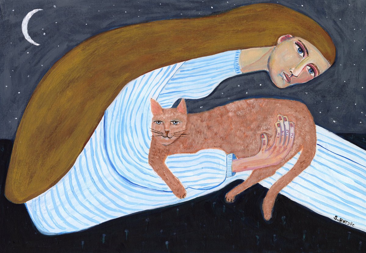 Naive Acrylic Painting , Lady And Cat Looking At Night Sky By Sharyn Bursic, 17 X 12, Artwork For Sale On Artfinder