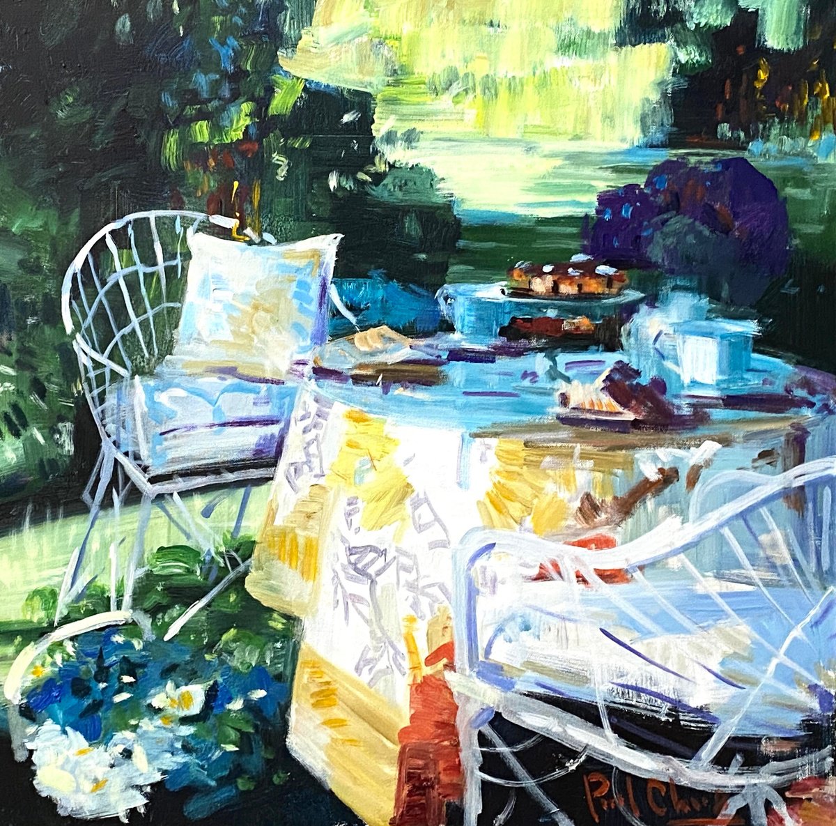 Impressionistic Botanical Acrylic Painting By Paul Cheng, 24 X 24", Garden Chat No.2, Original Artwork