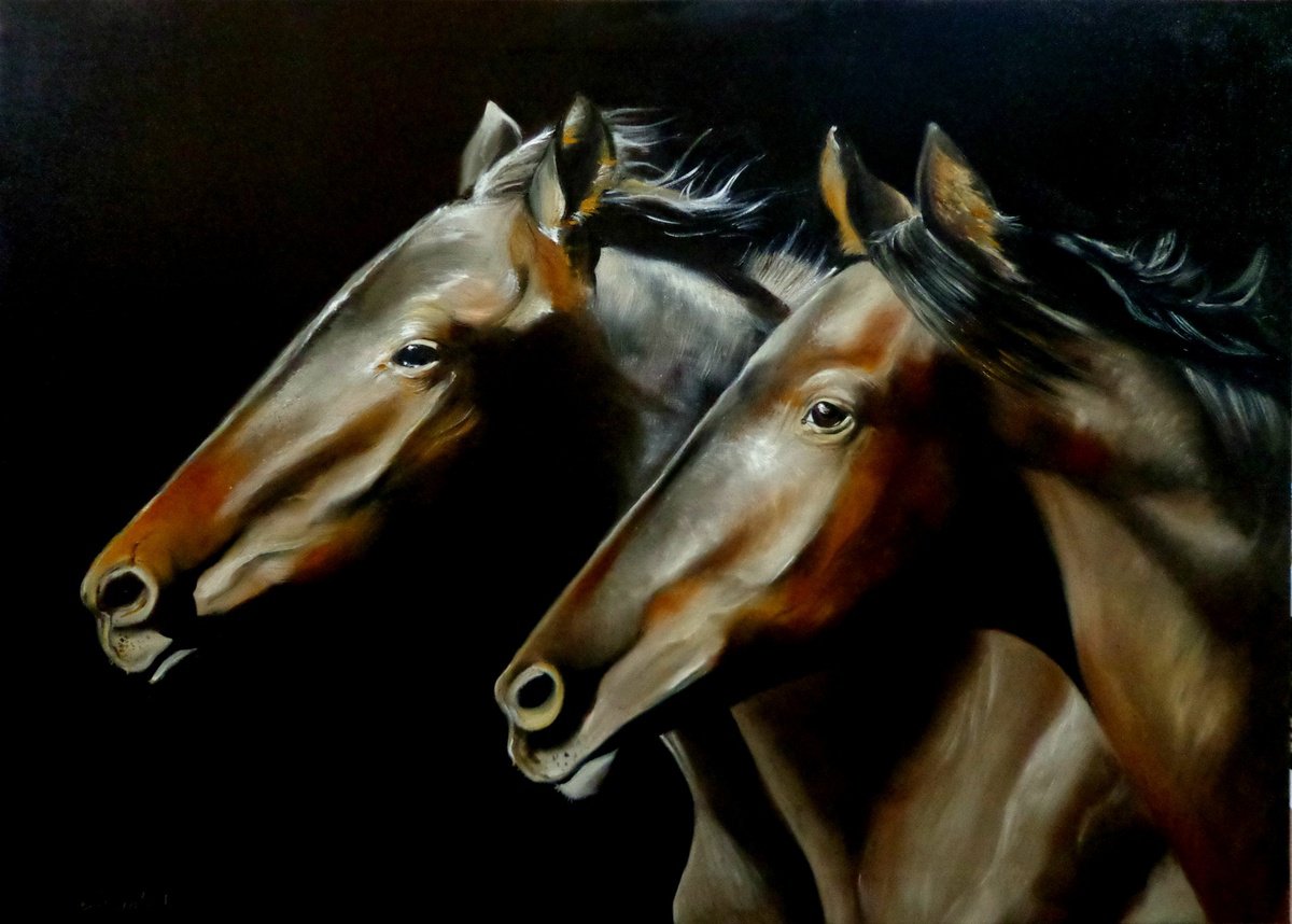 Photorealistic Animal Oil Painting By Anna Rita Angiolelli, 28 X 20, Dark Horses, Original Artwork