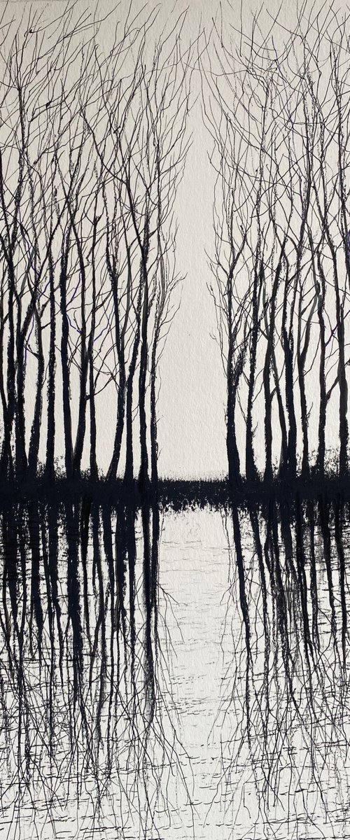 'Long Island Winter V' Charcoal & Ink Landscape Tree Water Reflection Drawing by Simon Jones