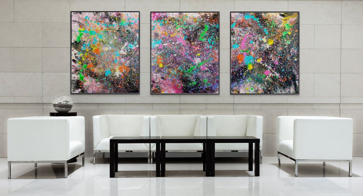 Organic Abstract Acrylic Painting By Estelle Asmodelle, 118 X 47, Stellar Nursery (Triptych), Original Artwork