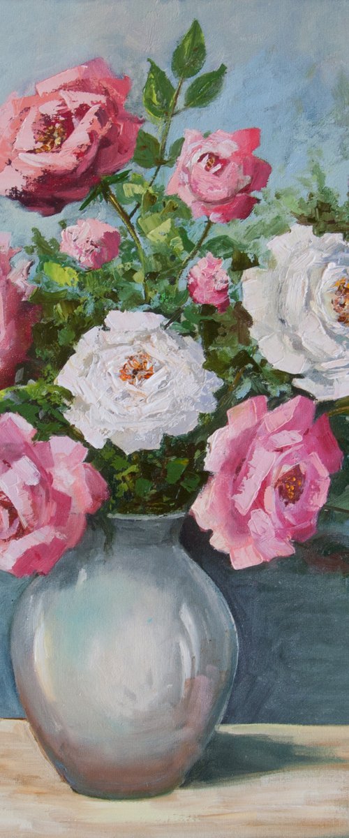 Roses. Oil painting. Floral still life. 14 x 16in. by Tetiana Vysochynska