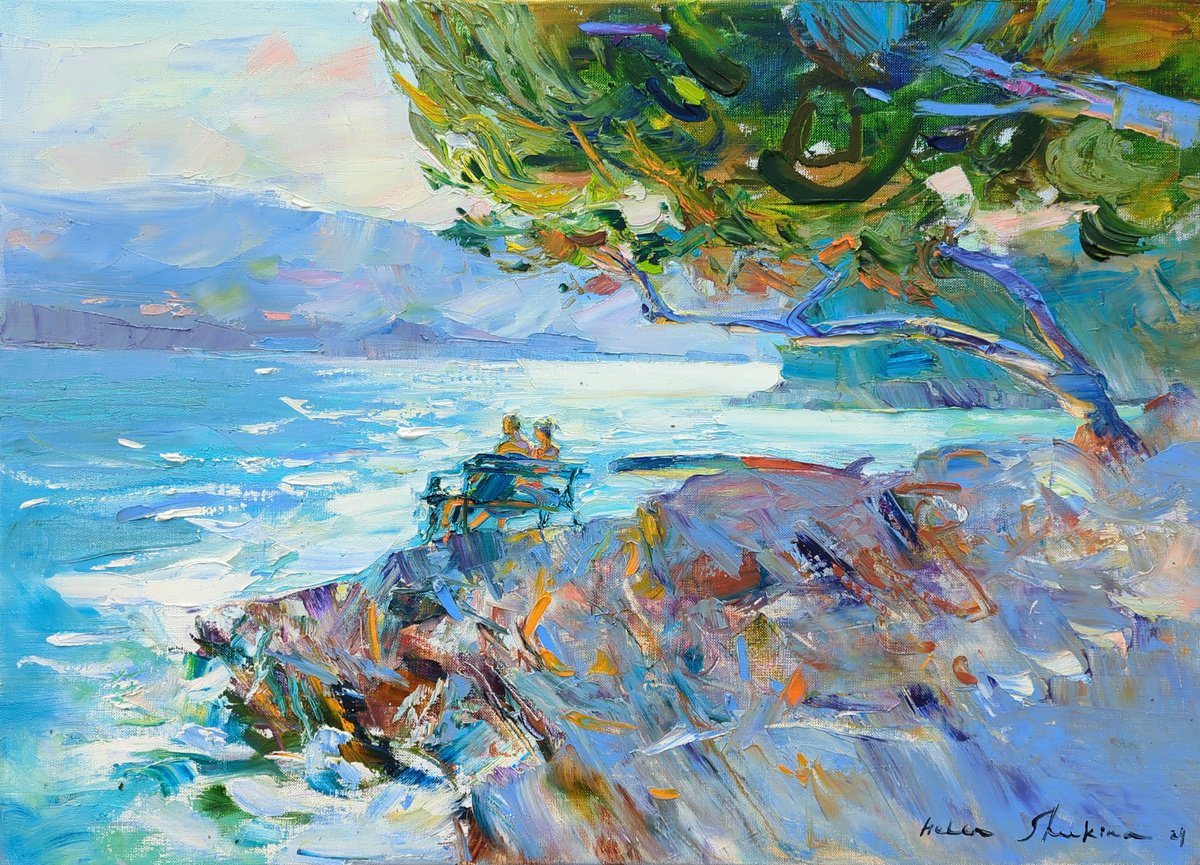 Impressionistic Landscape Oil Painting By Helen Shukina, 28 X 20, Walk By The Sea, Original Artwork