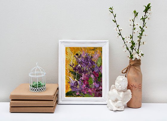 Lilac Painting Impasto Original Art Flowers Small Oil Artwork Floral Wall Art 6 by 8" by Halyna Kirichenko