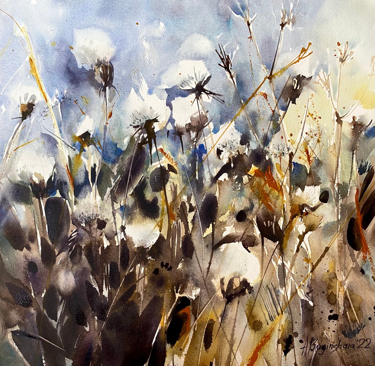 Cottony herbs - original floral watercolor by Anna Boginskaia