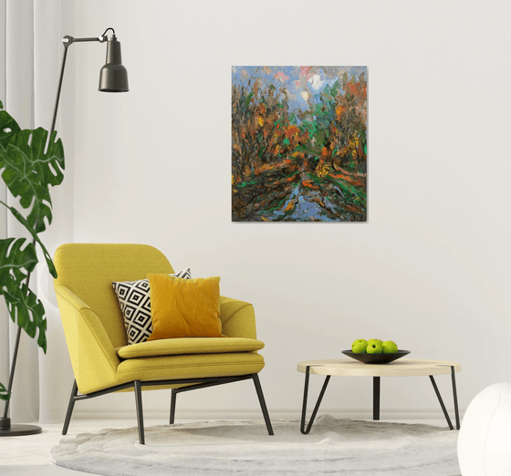 AUTUMN IN MOSCOW - landscape art, original painting oil on canvas, waterscape, pond fall, home decor