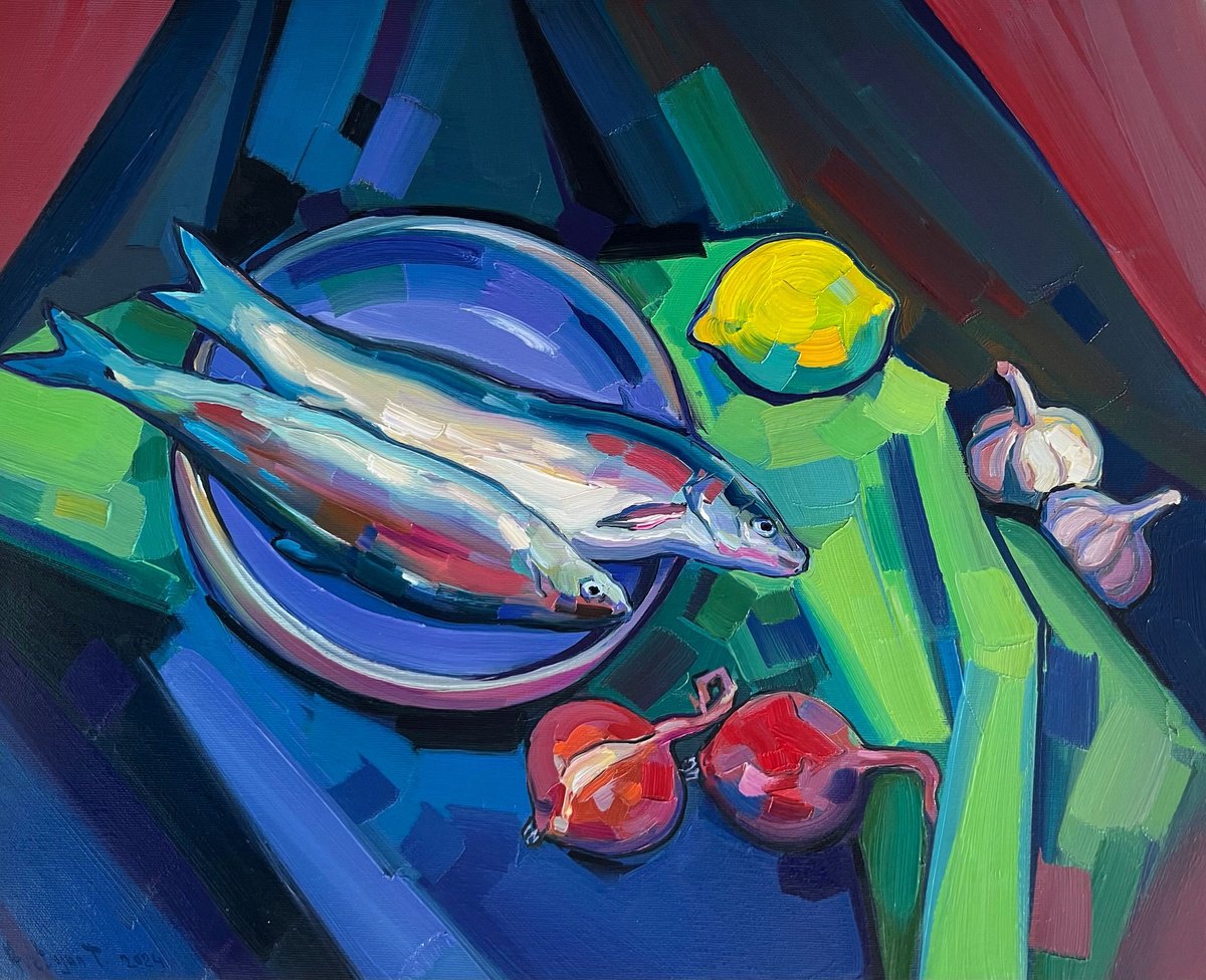 Expressive Oil Painting , Still Life With Fish By Tigran Avetyan, 22 X 18, Artwork For Sale On Artfinder