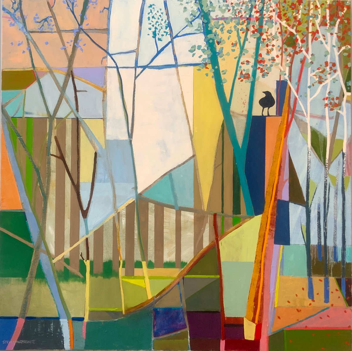 Impressionistic Abstract Oil Painting By Steven Page Prewitt, 60 X 60", August Autumn With A Crow, Original Artwork