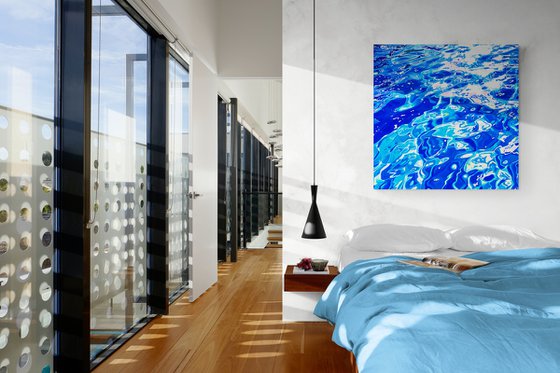 Sea ocean blue color waves with bright sun glares water reflections. Impressionistic artwork. Large wall art home decor. Art Gift