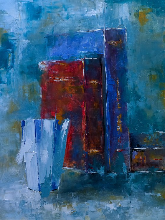 Old books and glass. Still life painting