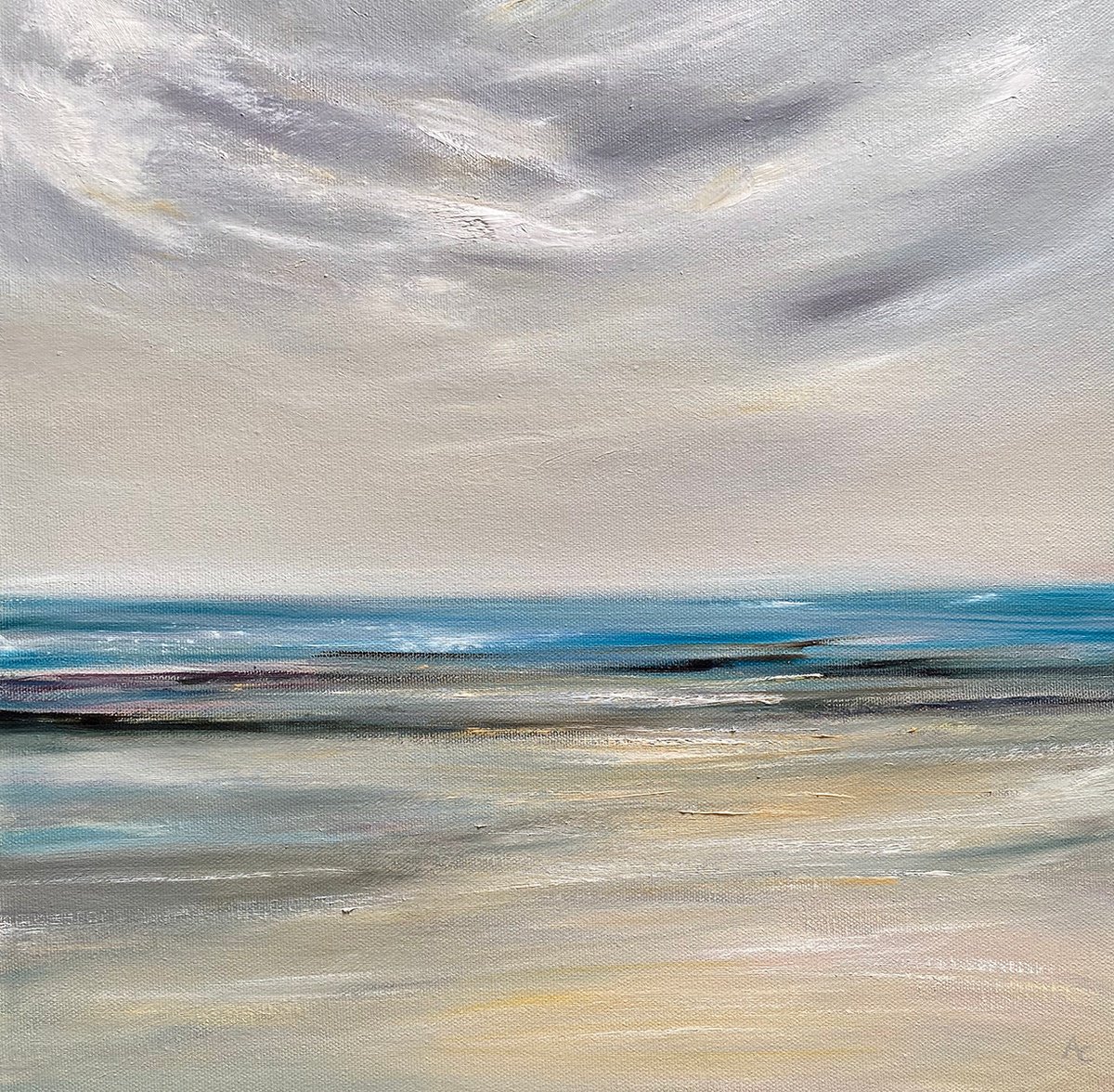 Impressionistic Landscape Oil Painting By Arti Chauhan, 16 X 16, Morning Clouds Over The Ocean, Original Artwork