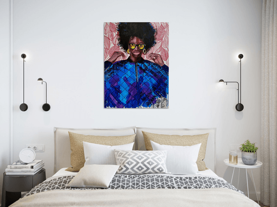 HALO GERGEOUS - large oil painting, pink, black lives matters, pop art, home decor, deep blue