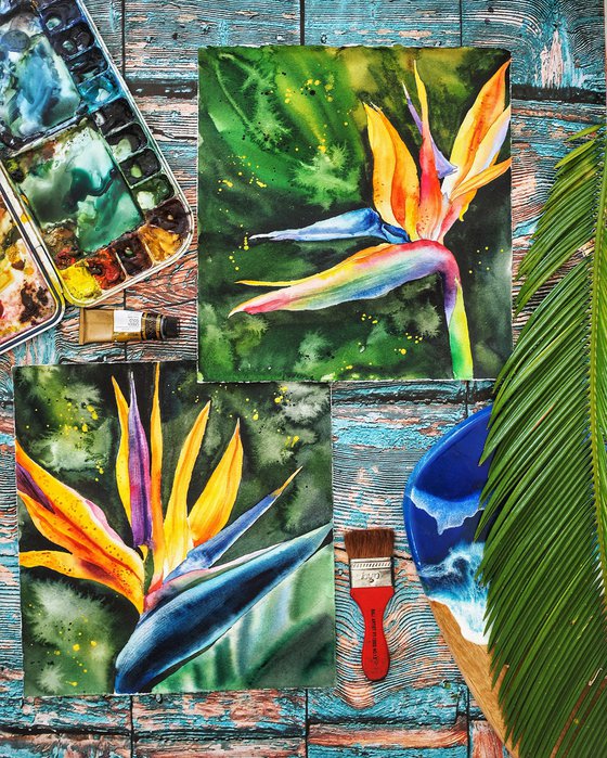 Diptych "Kiss of two strelitzia" tropical flowers bright colors watercolor painting - Gifts for him - Gift for her