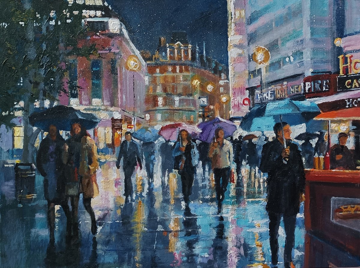Impressionistic Portrait Acrylic Painting By Alan Harris, 16 X 12, London Night, Leicester Sq, Original Artwork