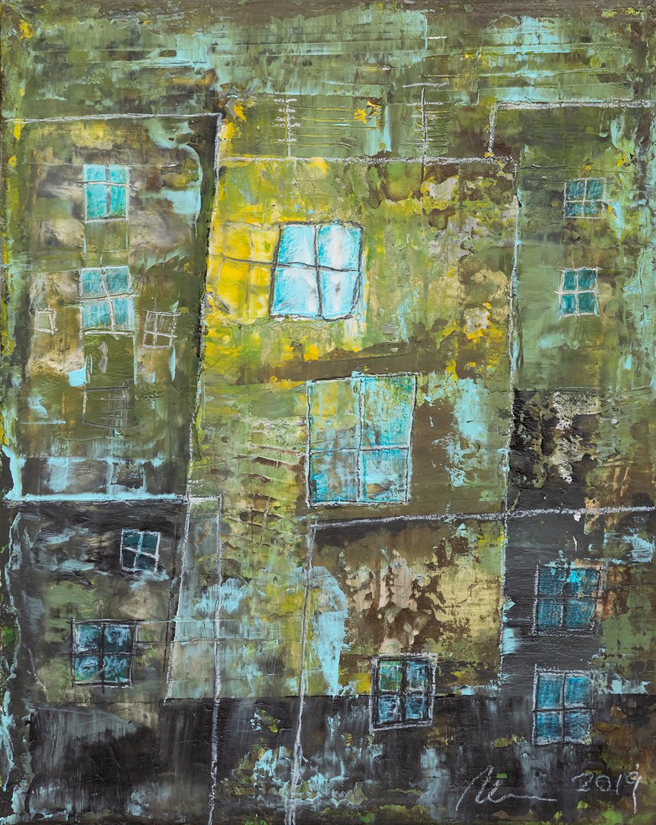 Organic Cityscapes Painting By Peter Zelei, 9 X 12", Glass City, Original Artwork