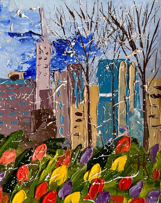 New York Painting Cityscape Original Art Tulips Oil Artwork NYC Home Wall Art 12 by 8" by Halyna Kirichenko