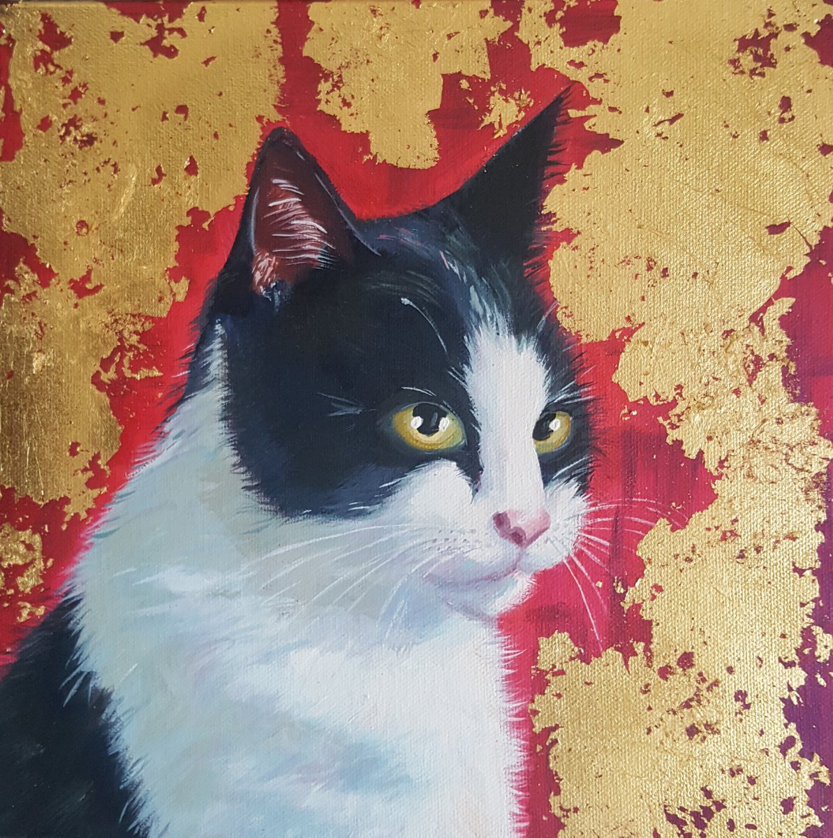 Photorealistic Animal Acrylic Painting By Mary Stubberfield, 12 X 12", Tuxedo Cat Painting, Original Artwork