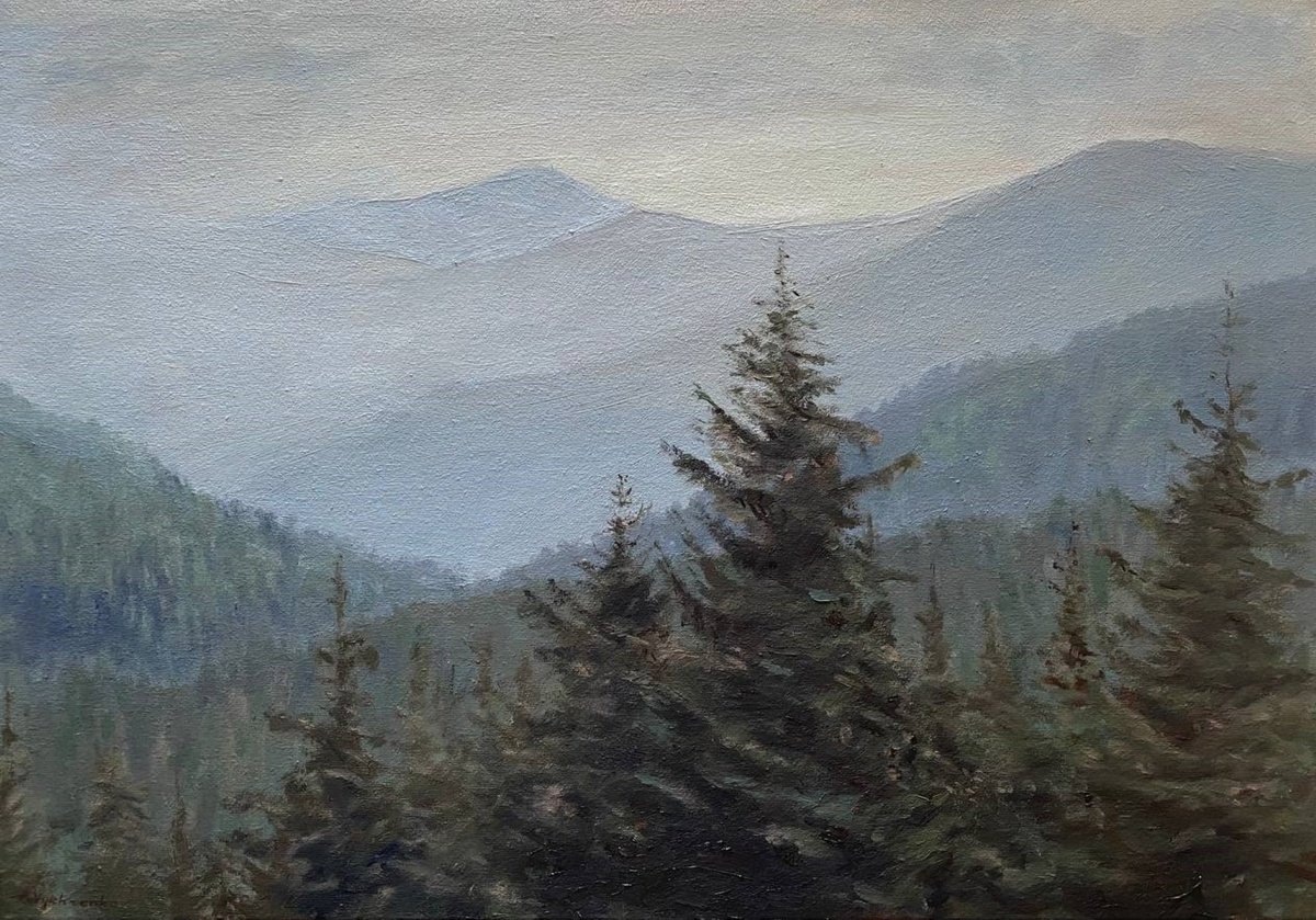 Impressionistic Landscape Oil Painting By Bohdan Vykhrenko, 20 X 14, Misty Forest, Original Artwork