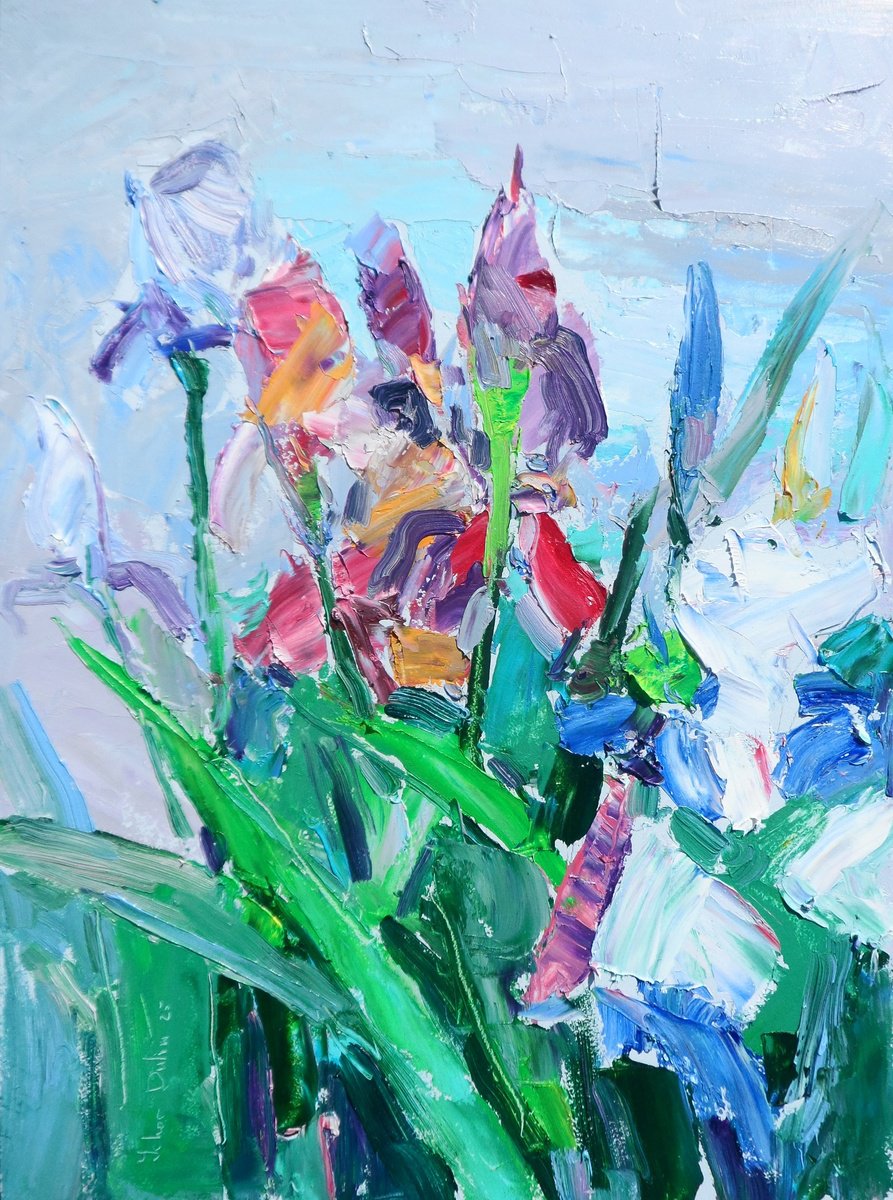 Impressionistic Botanical Oil Painting By Yehor Dulin, 12 X 16", " Irises ", Original Artwork