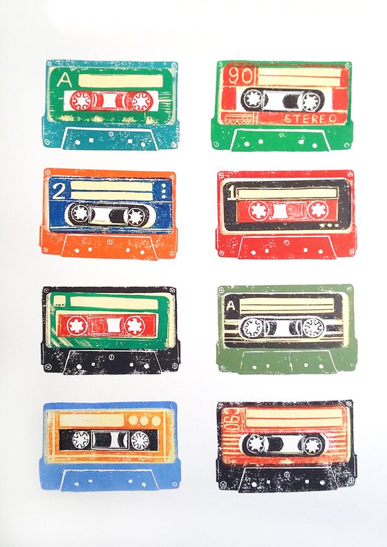 Linocut tapes #29 (cassette tapes, retro music, 70's, 80's rock culture)