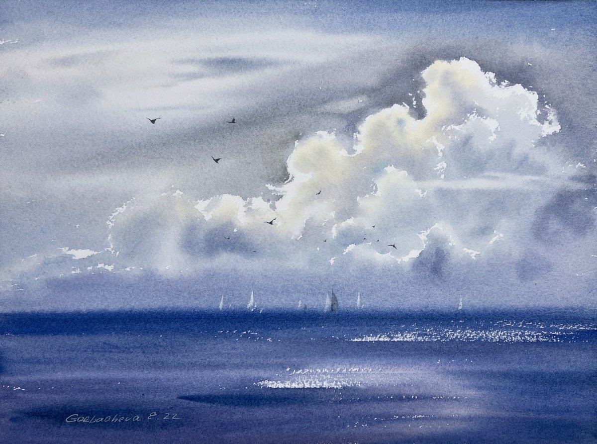 Impressionistic Watercolour , Cloud Over Sea By Eugenia Gorbacheva, 12 X 9, Artwork For Sale On Artfinder