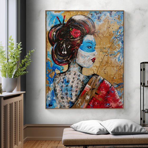 Kawaii 120cm x 150cm Geisha Textured Book Page Abstract Realism Art